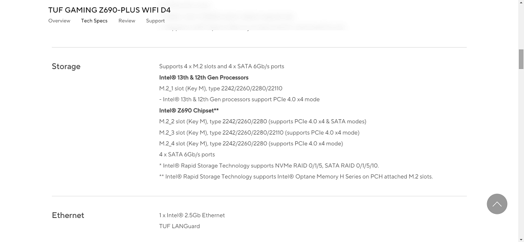 Image of a motherboard spec chart showing the types of supported SSDs.