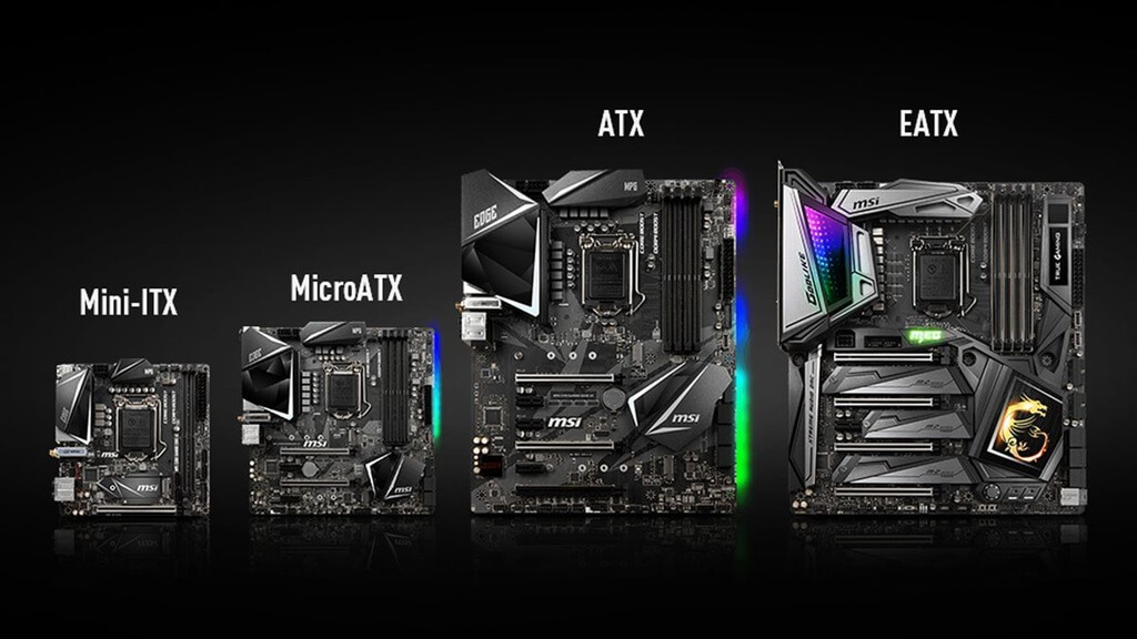 Motherboards with different sizes. From left to right the order is, EATX, ATX, MicroATX and Mini-ITX.